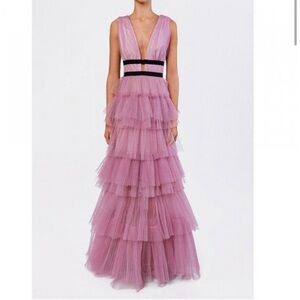 Plunge Front Tulle Layered Maxi Dress